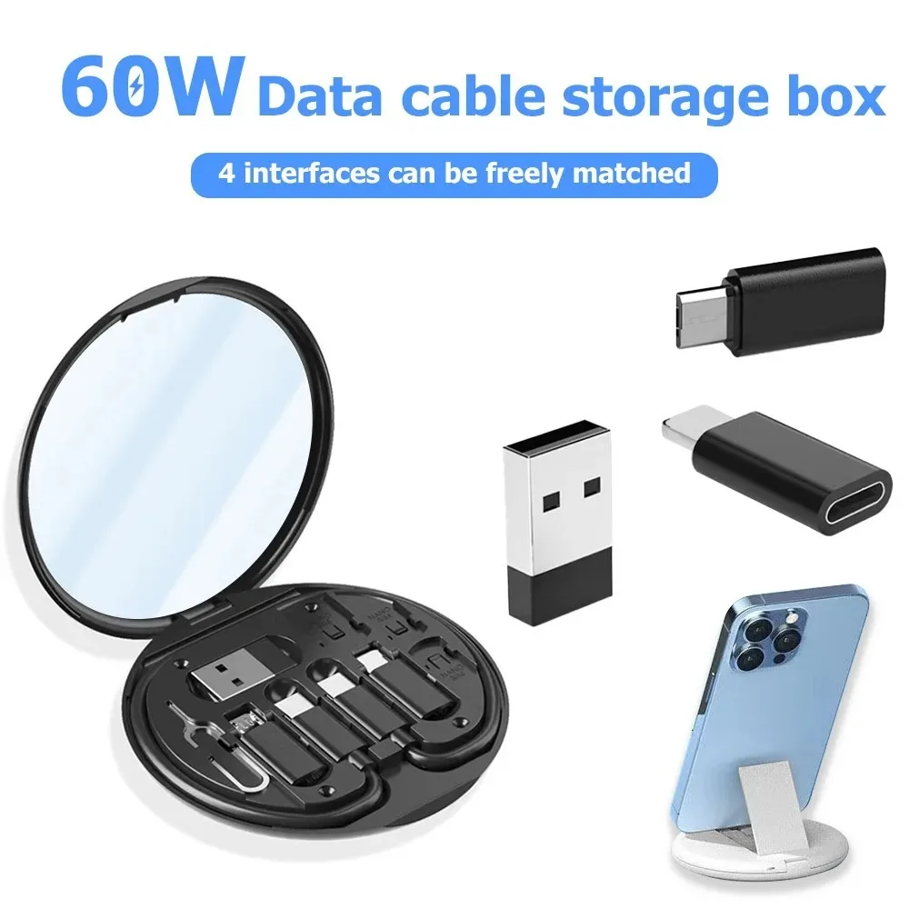 Caixa de Armazenamento Portátil Multifuncional para Cabos de Dados, Suporte para Celular com Carregamento Rápido de 60W, Conjunto de Cabos de Carregamento, Conversor Multi-Cabeça