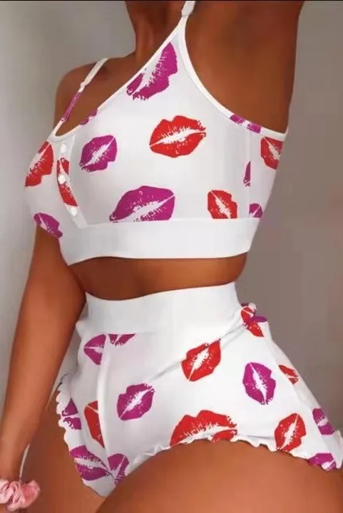 New Fashionable Printed Suspender Two-piece Set Thin Tight Sweet Home Clothes Close-fitting Elastic Cute Outfits For Women NVQI