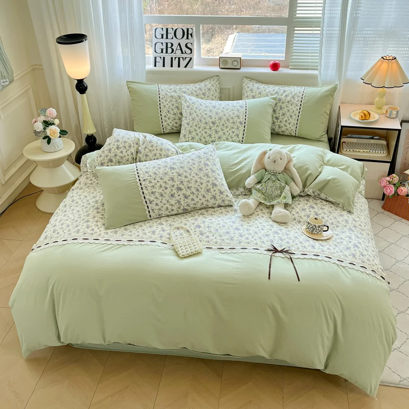 Flower Printed Duvet Cover with Lace Single/Queen/King French Style Quilt Cover Skin-friendly Housse De Couette 220x240 이불커버