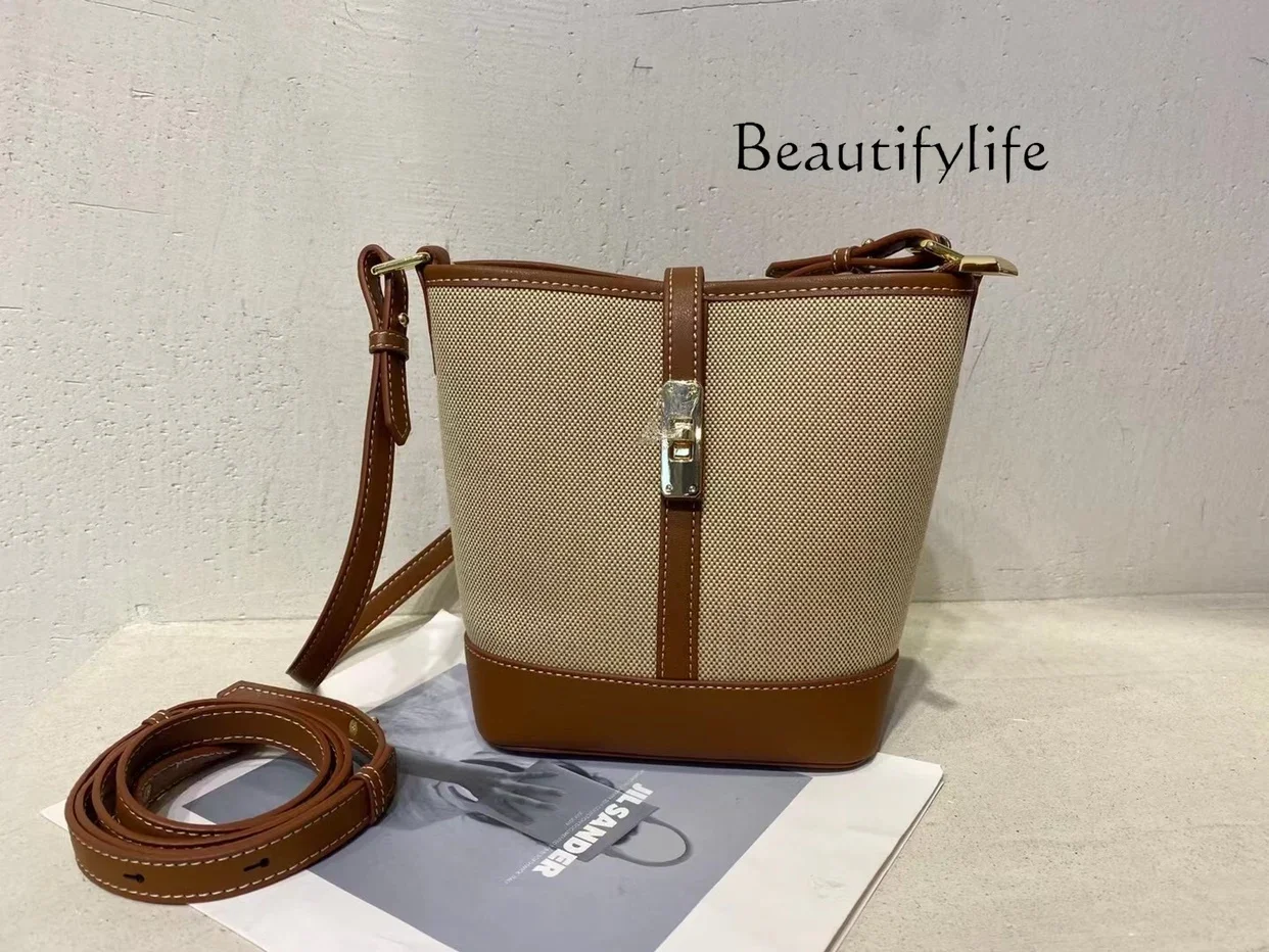 Women's spring and summer new fashionable versatile cowhide with linen underarm bucket bag commuter messenger bag