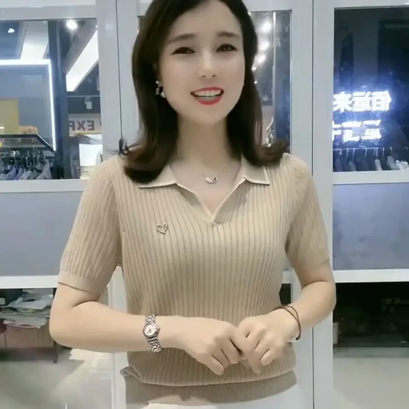 Women's Red Collar Short Sleeve Blouse Button Front Solid Color Casual Office Top