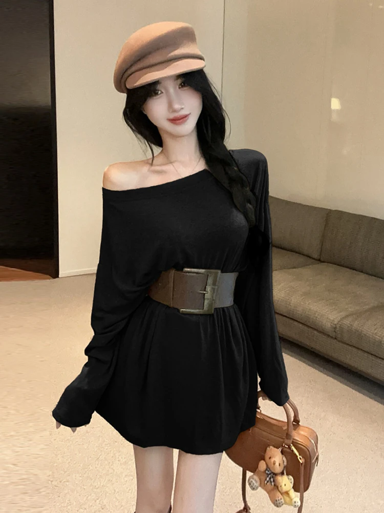 Sexy Spicy Girl Lazy Style Shoulder Bared Long Sleeve T Shirt Empress Atmosphere Loose Slimming Top with Wide Belt T Shirt