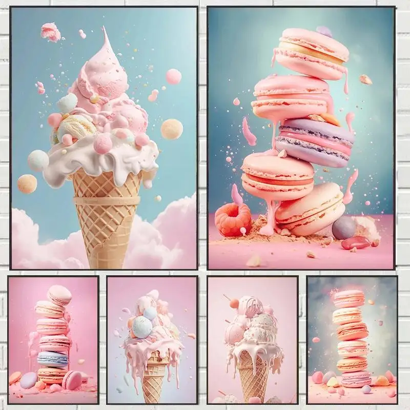 Fashion Pink Ice Cream Macaron Poster  Pop Canvas Wall Art Print for Girls Room Nursery Home Decor  Cute Food Painting Perfect G