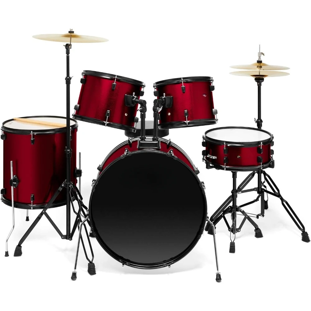 5-Piece Complete Full Size Adult Drum Set With Remo Batter Heads - Red Music Instruments Percussion Musical Sports Entertainment