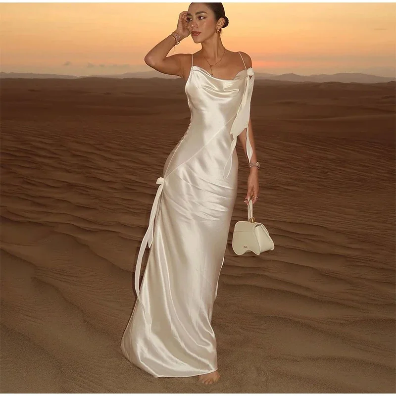 Elegantes weißes Satin rückenfreies Maxikleid für Damen, sexy, figurbetont, ärmellos, Quaste, plissiert, lange Kleider, Dame, Urlaub, Strandparty, Robe