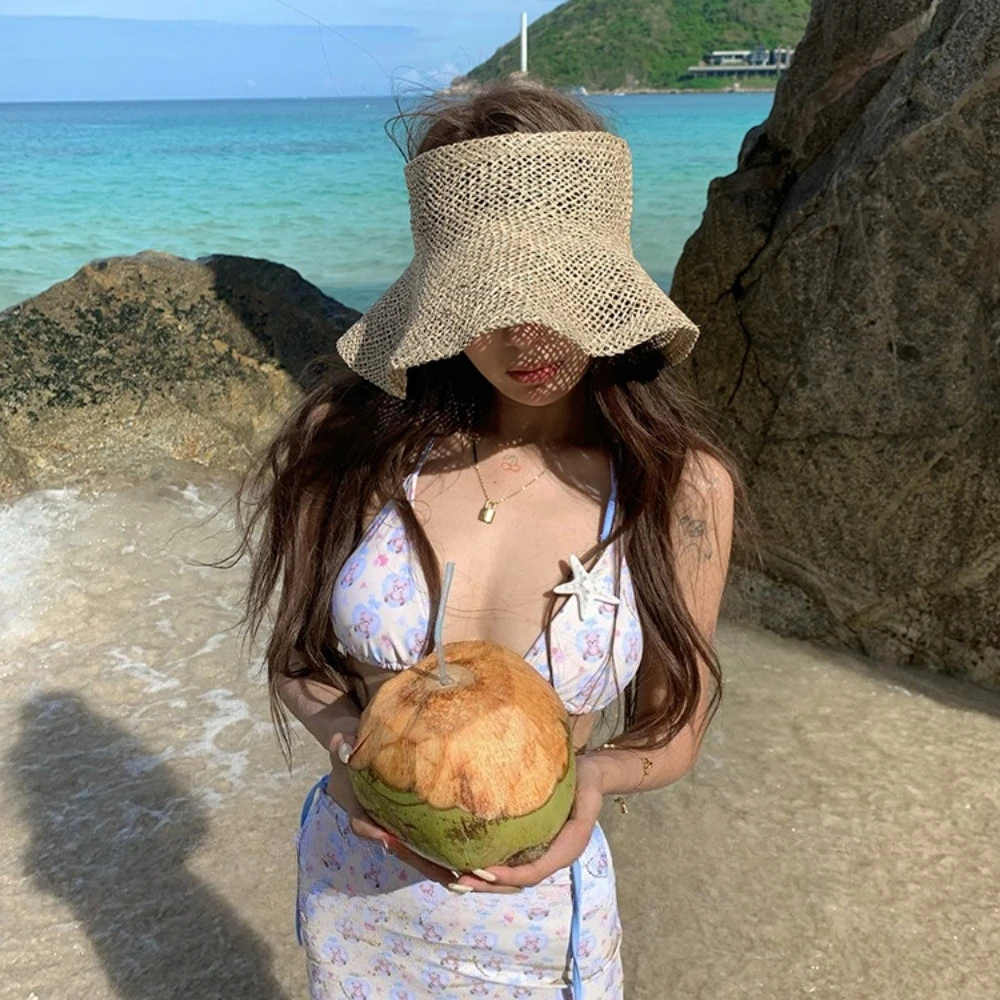 

Harajuku Elegant Sea Side Straw Hollow Top Hat Women Summer Large Brim Sunshade Woven Straw Hat Breathable Adjustable sun hat