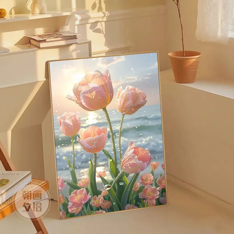 Tulip Green Plants Fresh Simple Hanging Canvas Decorative Painting Aluminum Alloy Frame Mid Century Modern Design Hotel Living