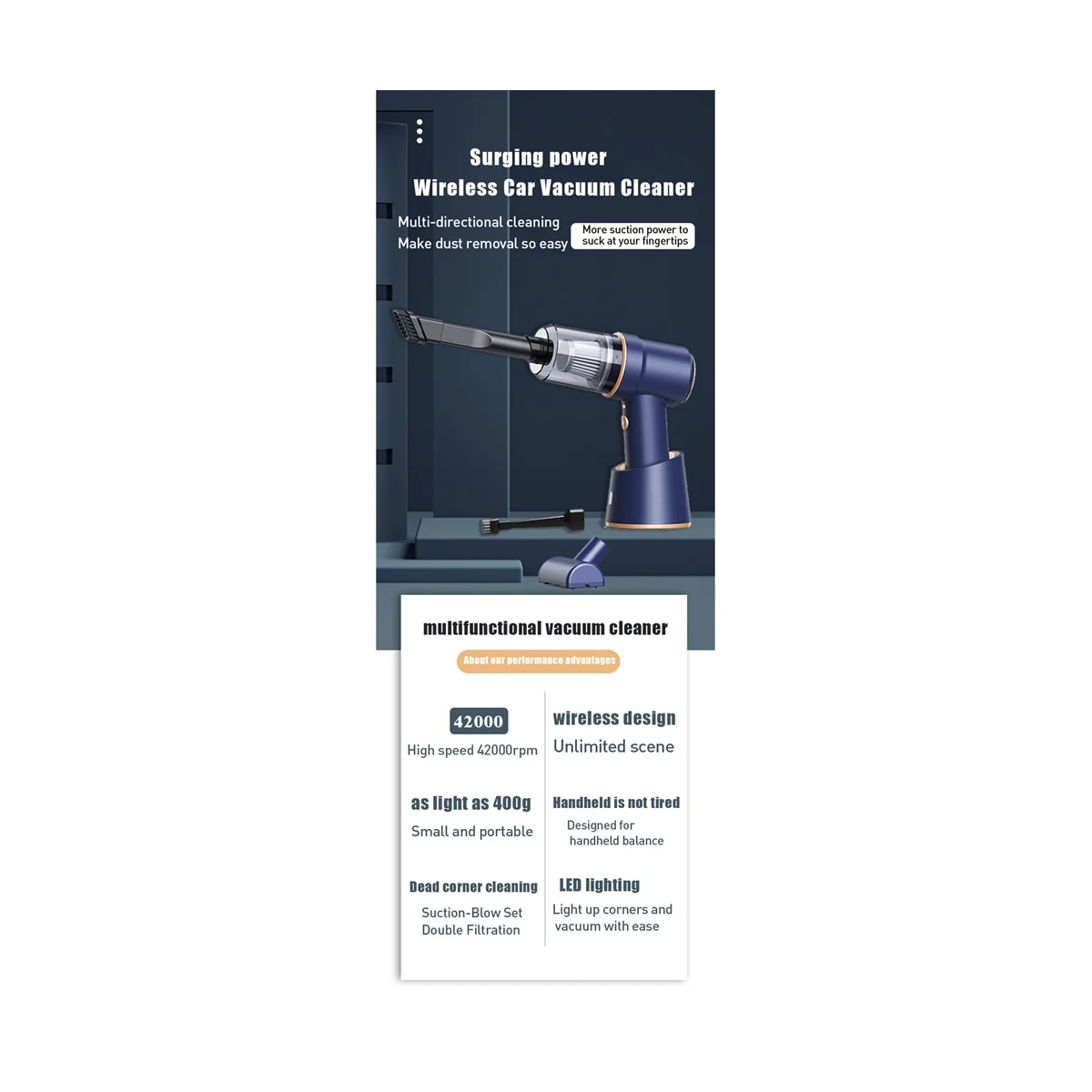 Carregamento sem fio Car Aspirador de pó, ar comprimido, portátil, de alta potência, filtro HEPA, Office Car -A, 80000Pa