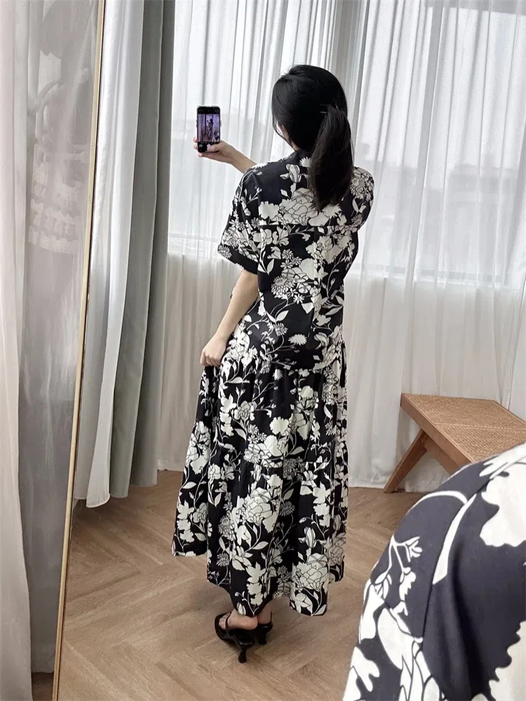 

Flower set black and white printed lapel short shirt+high waisted long skirt seaside vacation style M family French style