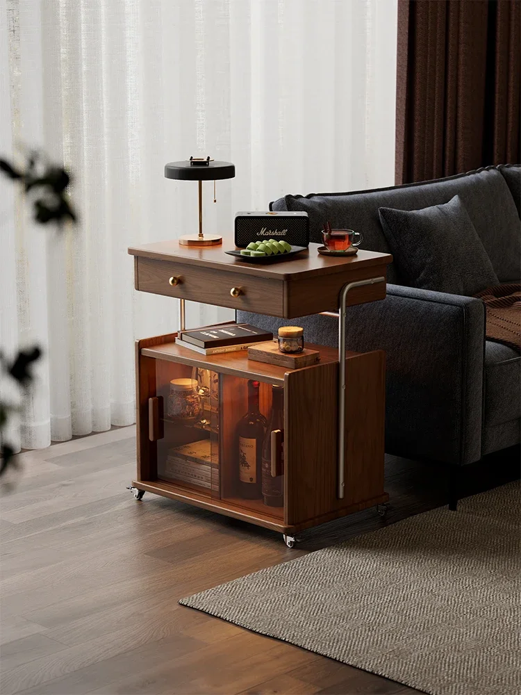 medieval solid wood mobile coffee table, small apartment living room household sofa side cabinet, trolley side table