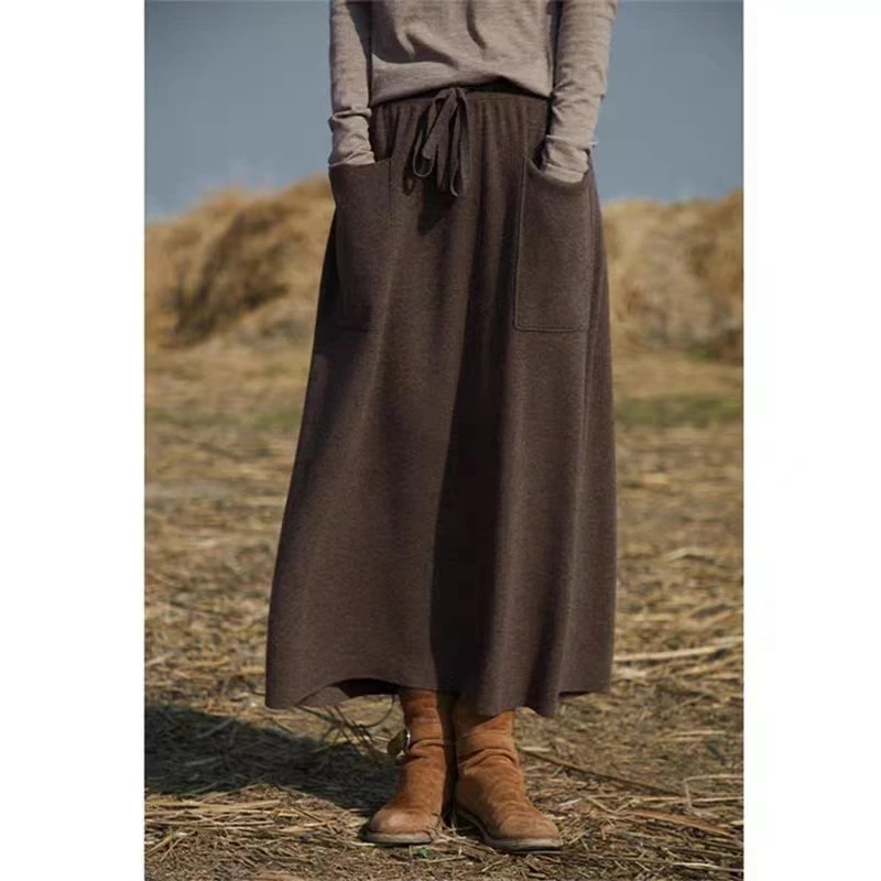 100% Merino Wool Skirt Women's High Waist Knitted Knee Skirt Solid Color Loose Korean Fashion Skirt Women's Clothes