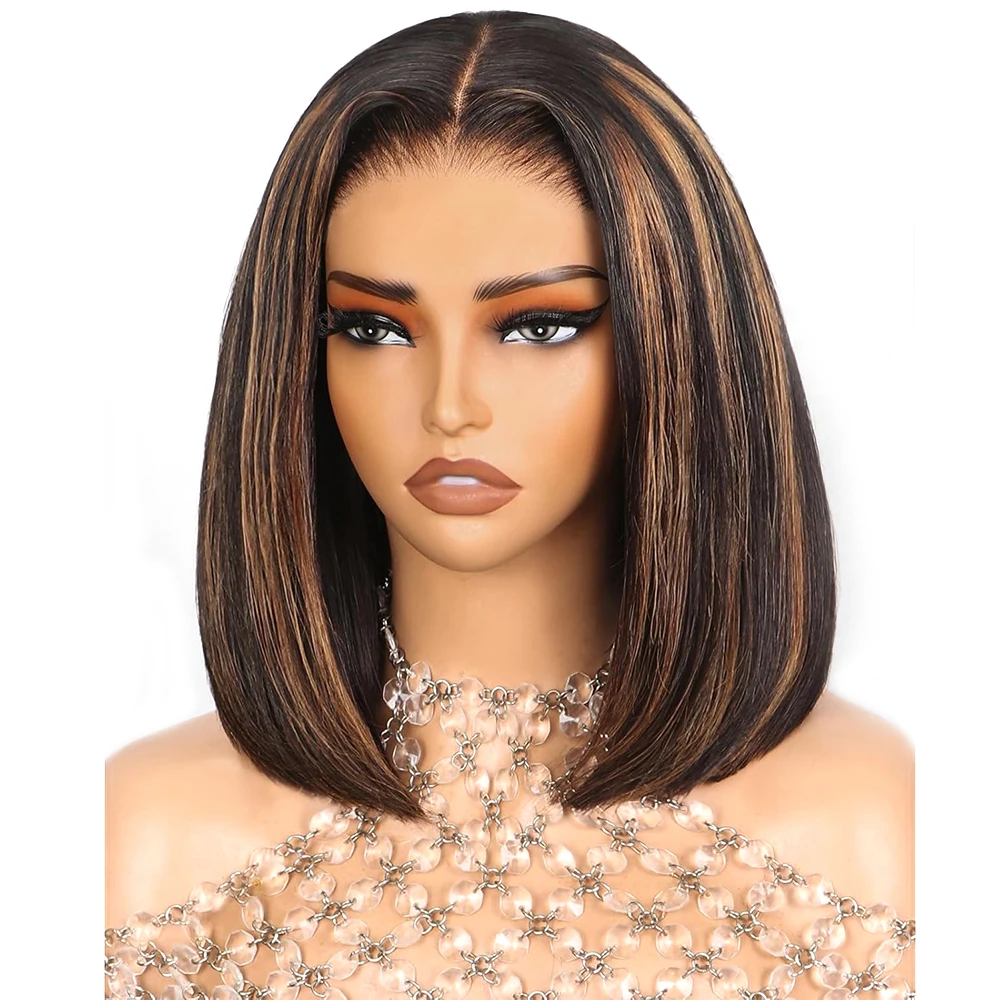 Short Straight Bob Wig 1B/27 Highlight 13*4 Transaprent Lace Frontal Wig Brazilian human hair Pre Plucked Real Human Hair Wig