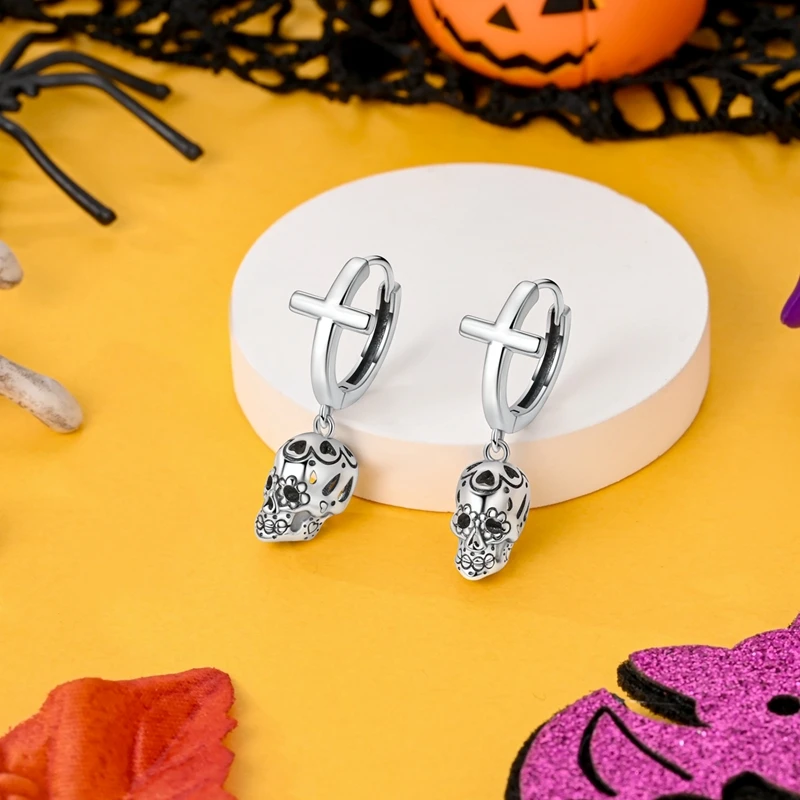 Original 925 Sterling Silver Halloween Skull Earrings Women Zircon Ear Studs Sparkling Earring Anniversary Jewelry Gift