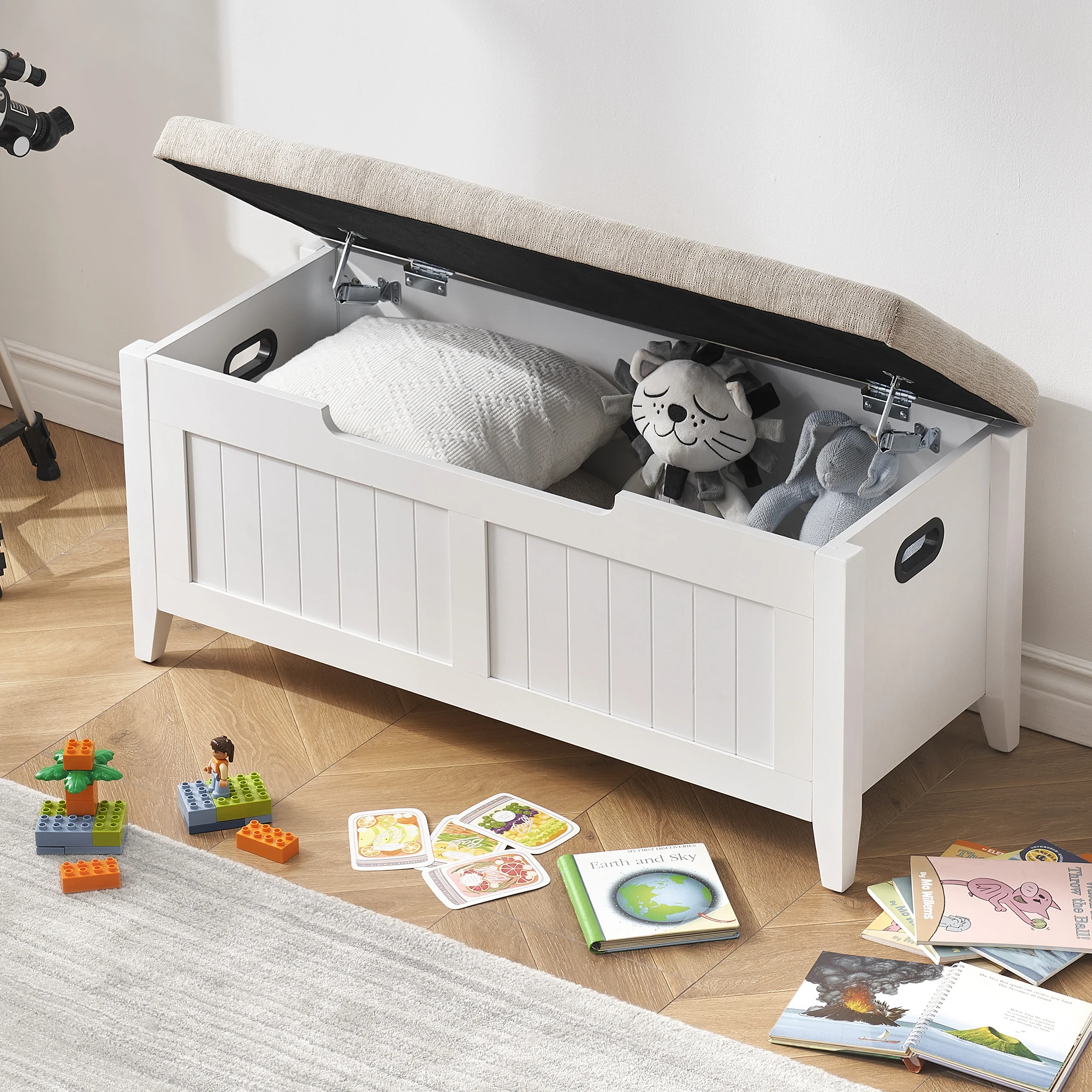 Gepolsterte Aufbewahrungstruhe mit 2 Sicherheitsscharnieren, Aufbewahrungsbank, Klappbare Spielzeugkiste, Schuhbank für Eingangsbereich, Schlafzimmer, Wohnzimmer