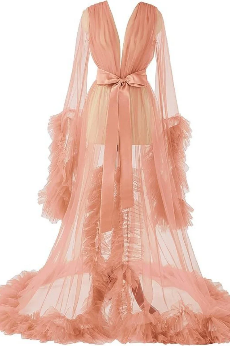 Women's Tulle Lingerie Maternity Bathrobe Long Bridal Robe Pregnant Women Kimono Bathrobe Wedding Party Pajamas Maxi Nightgown