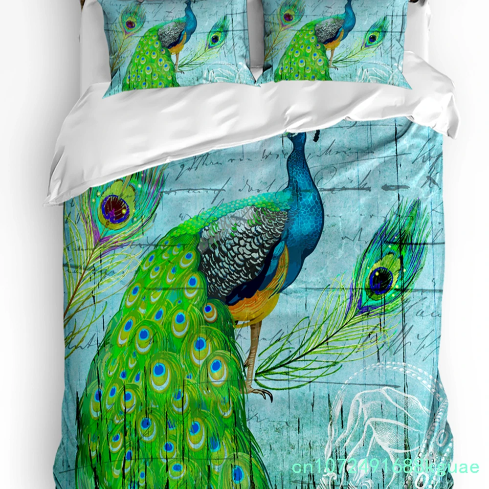 Peacock Wood Grain Feather Retro Duvet Cover With Pillow Case Custom 3pcs Bedding Set Quilt Cover Double Bed Home Textile