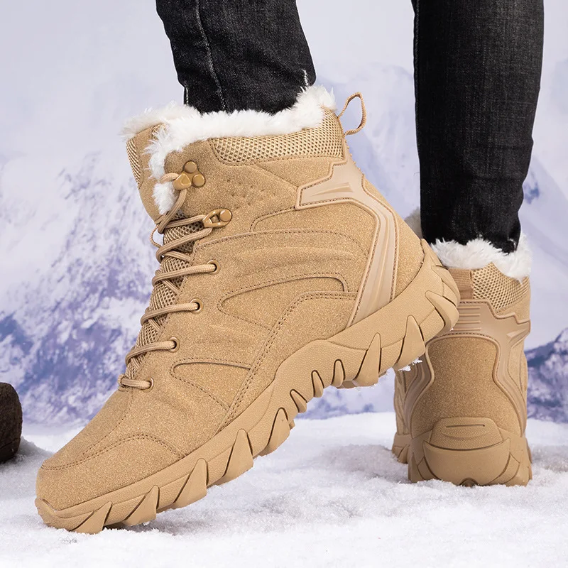 Winter Men's Boots Mid Calf Basic Velvet Warm Snow Outdoor Mountaineering Combat High Top Field Boots Men's Shoes Sand Colored