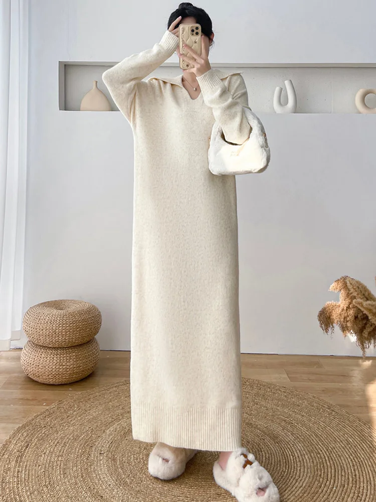 New Women Overlength Sweater Dress Autumn Winter Fashion V-Neck Long Sleeve Loose Knitted Dress Simplicity Casual Sweater