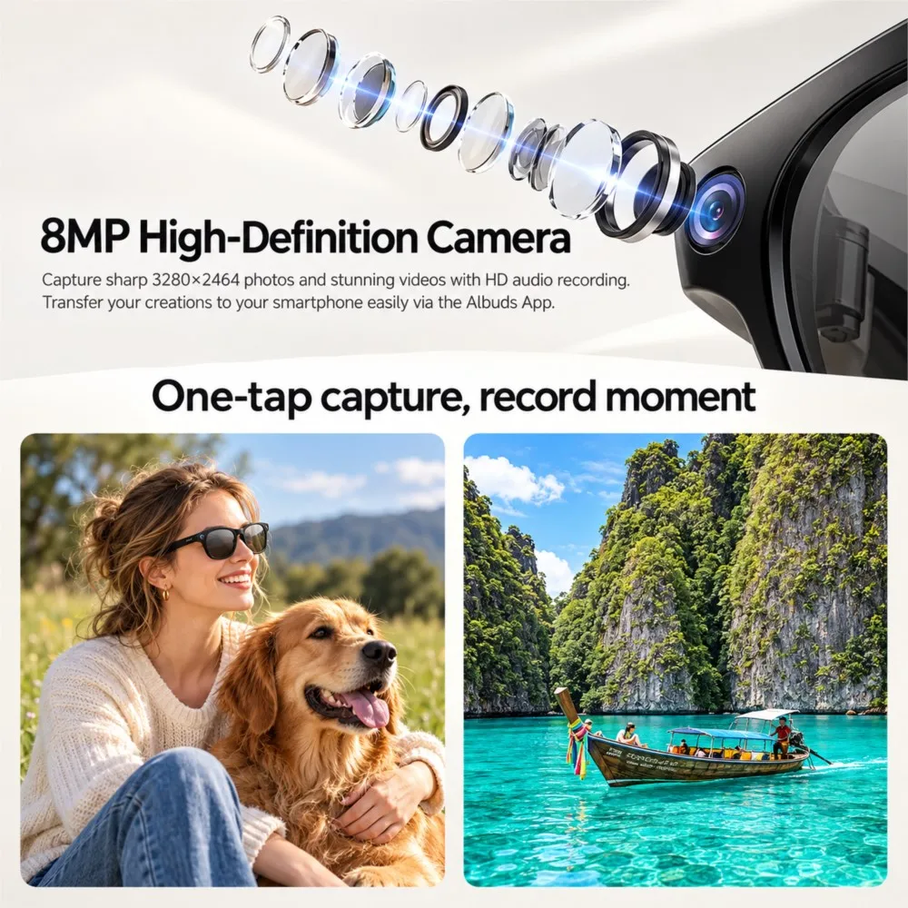 New Smart Glasses 8MP Camera Video Record Al Translation Sunglasses WIFI Transmission Image Recognition Music Bluetooth Glasses