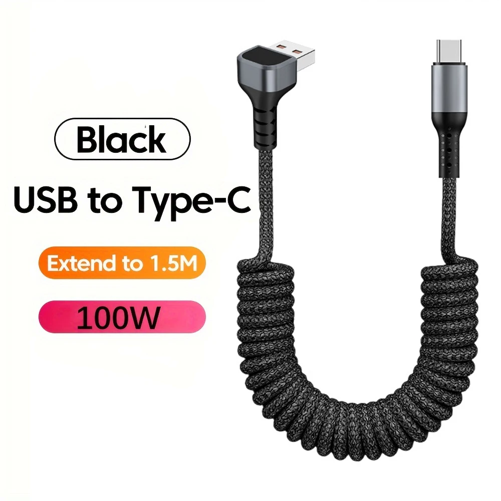 

90 Degrees 100W USB Type C Spring Car Fast Charging Cable for Samsung Xiaomi USB C Data Cord for iPhone 15 Huawei USB C Wire