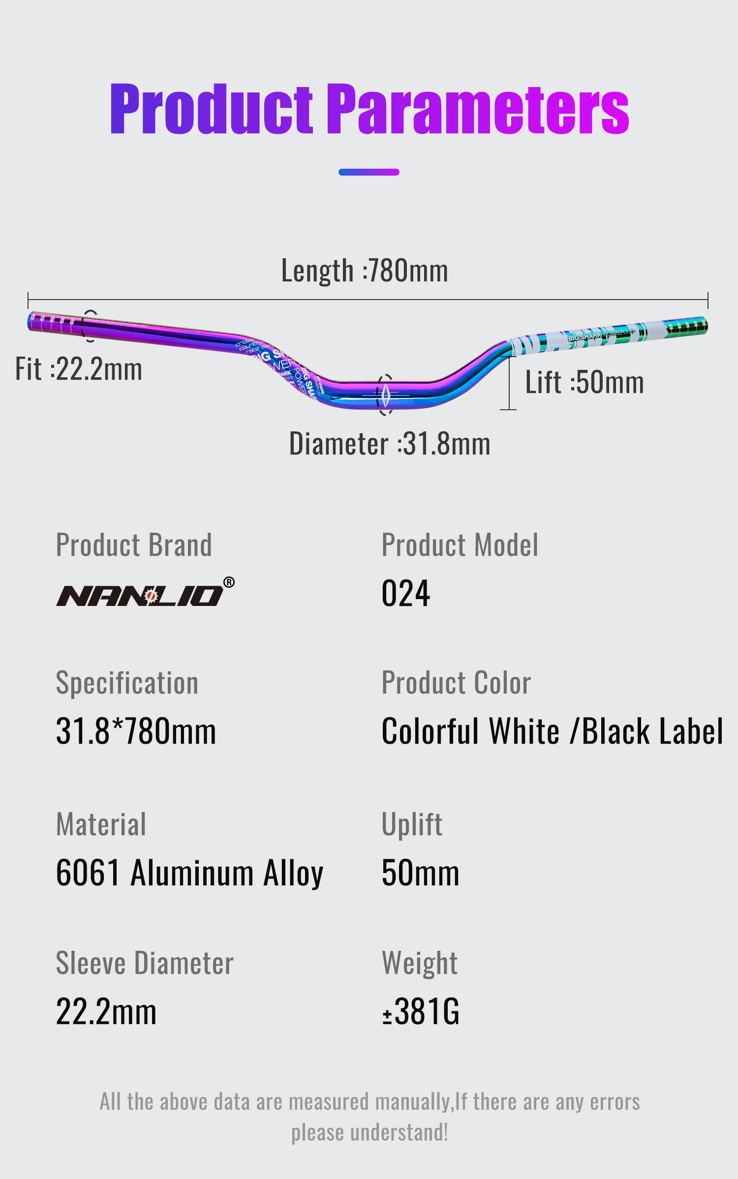Nanlio Fahrradlenker, Dayan Lenker 50MM Steigung, 780MM Länge * 31.8MM Durchmesser, Regenbogenfarbe – Detail 3