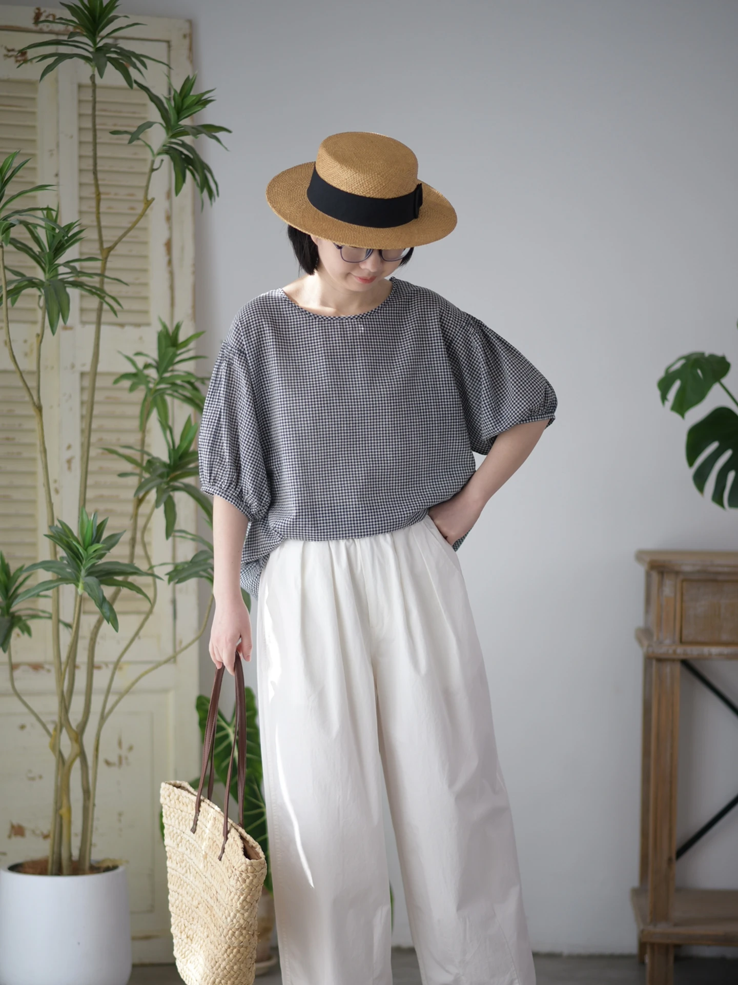 Japanese Style Loose Fit Pure Cotton Shirt with Pleated Sleeveless Design Slimming Effect Plaid Pattern round Neckline Spring...