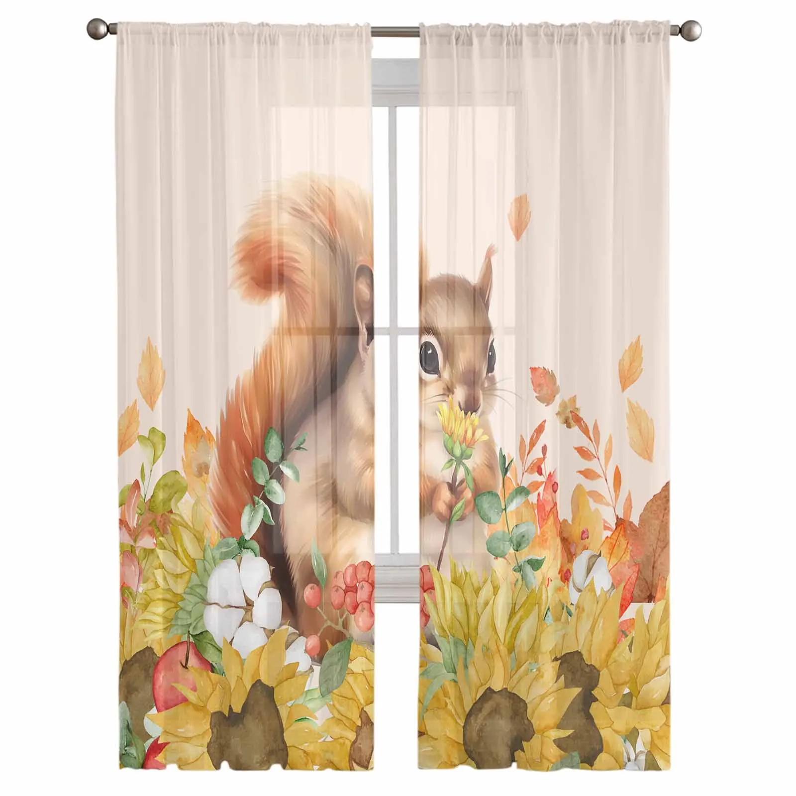 Autumn Watercolor Squirrel Sunflower Tulle Curtains for Living Room Bedroom Sheer Voile Curtain Home Decor Kitchen Curtain