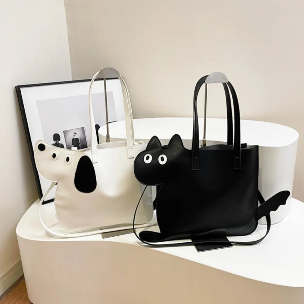 

Креативная сумка-тоут в корейском стиле для щенков из искусственной кожи, большая вместительная плоская сумка с черным котом, милая сумка с изображением котенка, уличная сумка
