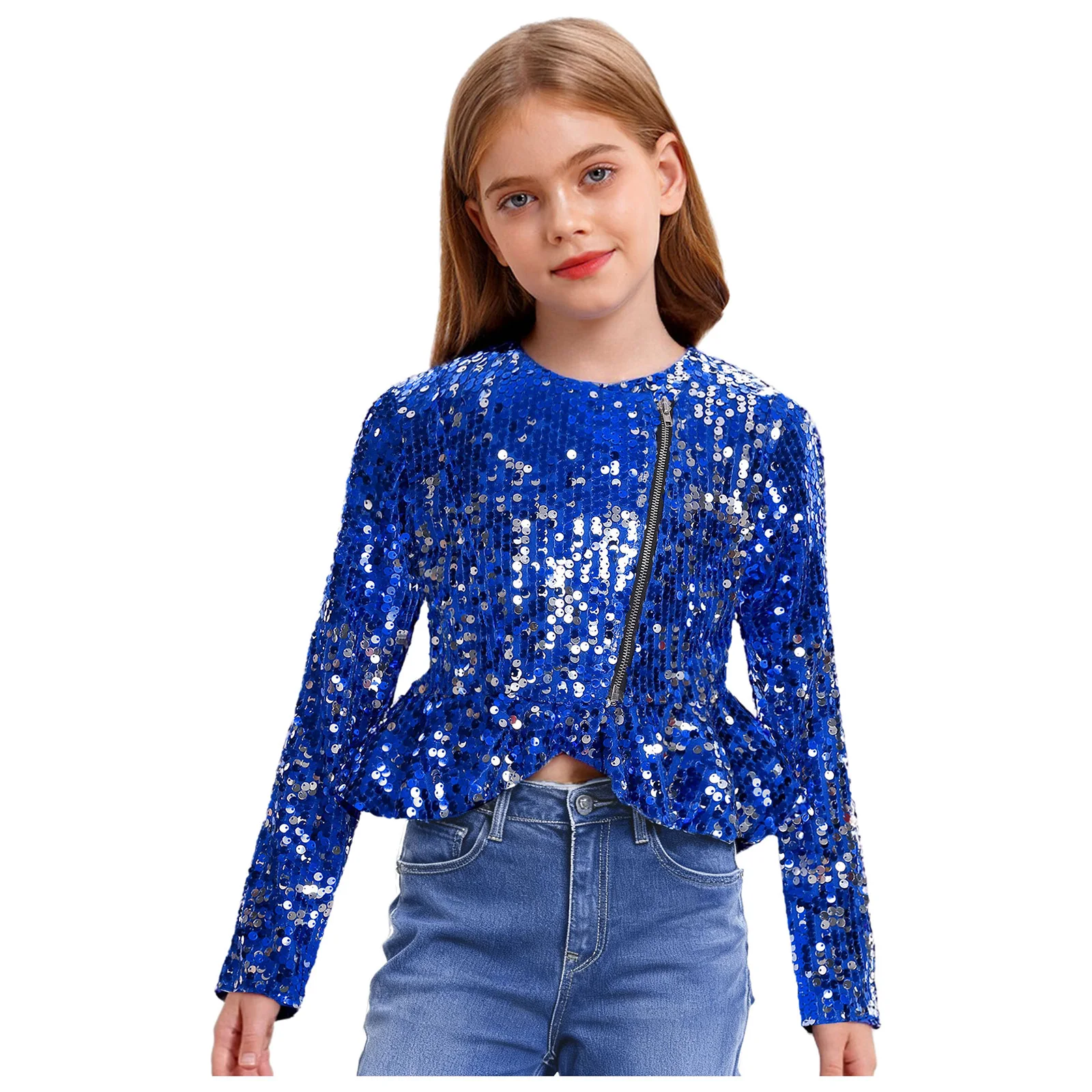 Girls Shiny Sequin Cardigan Jacket Double-zip Long Sleeve Ruffled Peplum Cropped Outerwear for Birthday Wedding School Party