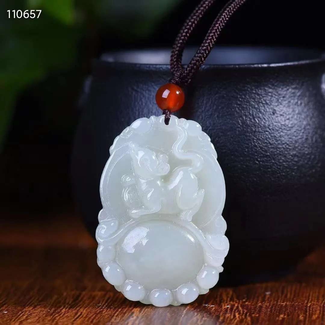 

Natural 100% real white hetian jade carve Zodiac Rat Bless peace pendant jewellery Handle piece for men woman gifts good luck