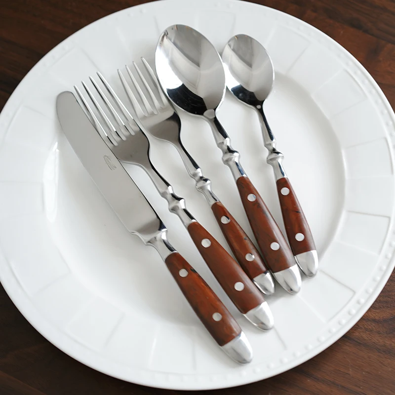 Stainless Steel Cutlery Set, Wood Grain, Rivet Handle, Tableware Kit, Steak Knife, Fork, Spoon, Flatware, Suit, Dinnerware, 5Pcs