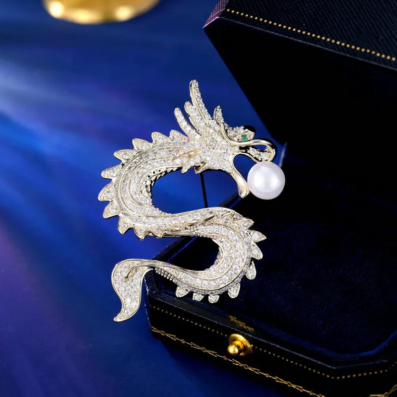 

Auspicious Dragon Playing with Pearls clothing and accessories, national trend copper freshwater pearl zodiac dragon brooch