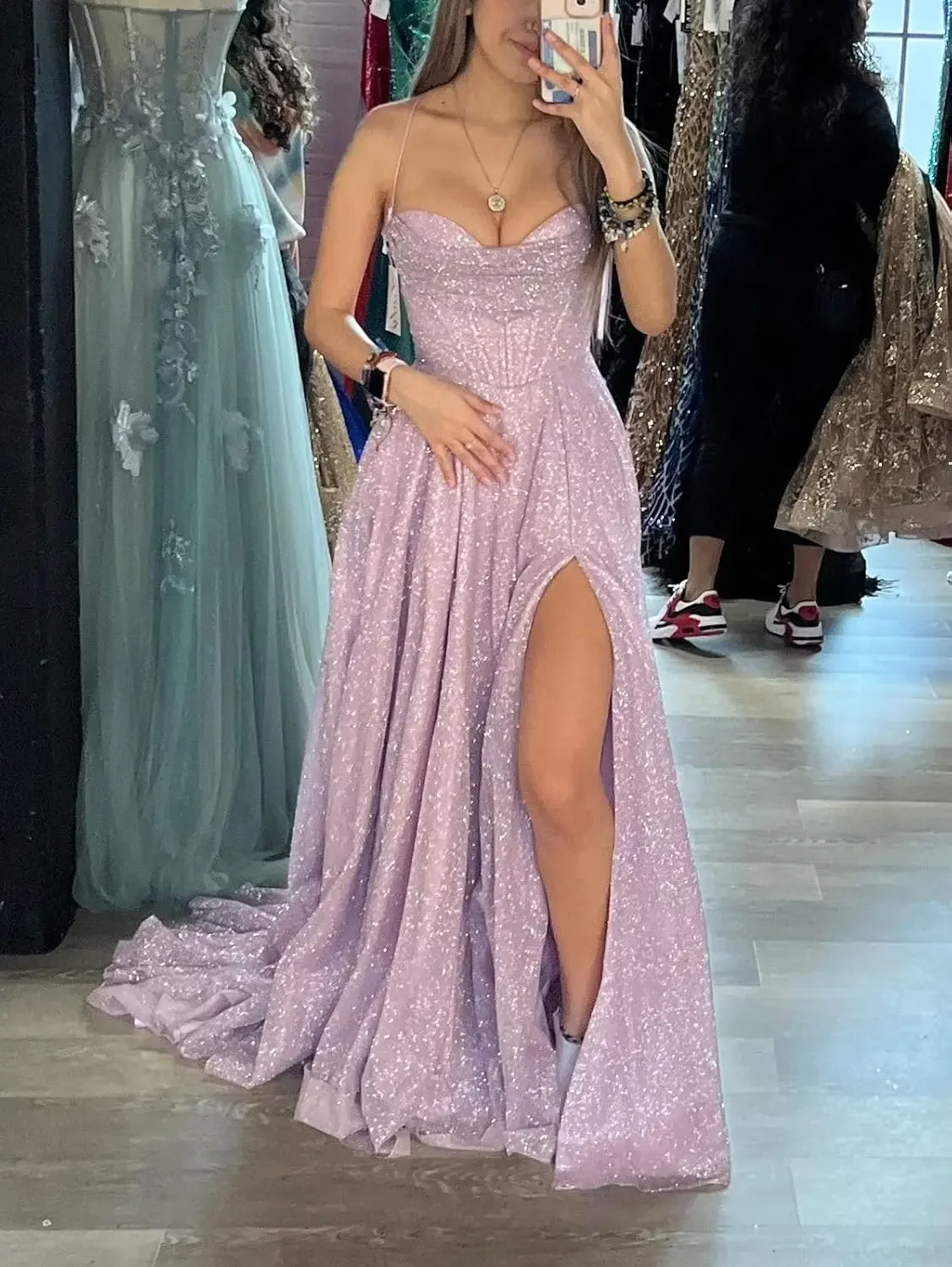 

Tulle Prom Dresses with Slit Cowl Neck Long Formal Evening Party Gown Party Dress Women's Spaghetti Straps Glitter