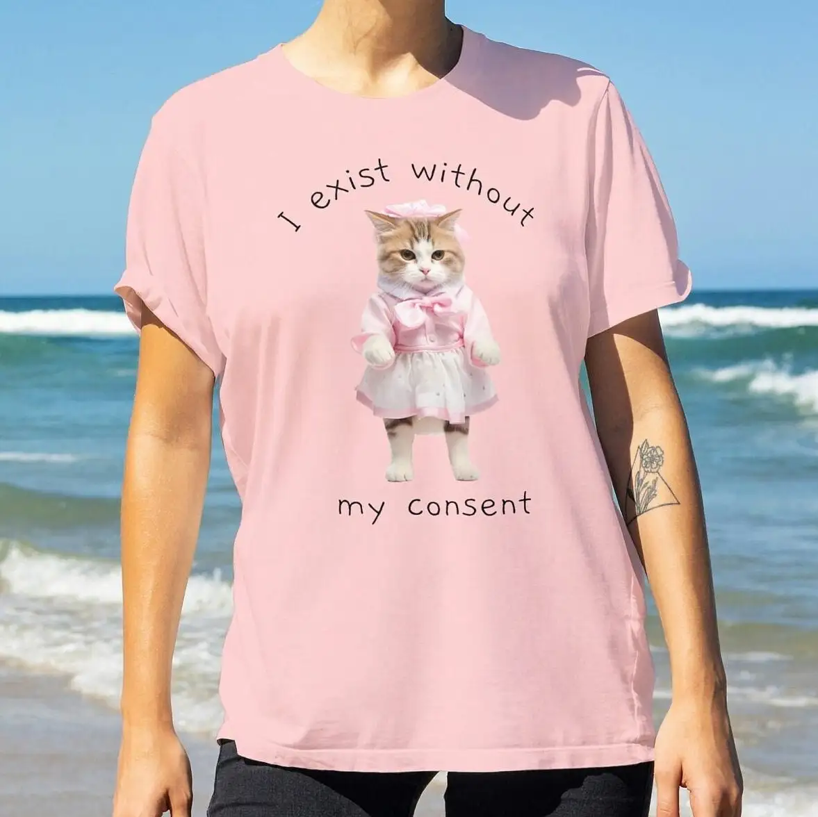 I Exist Without My Consent T Shirt Funny Cat Meme Kitten Mental Health Novelty Gag Lover