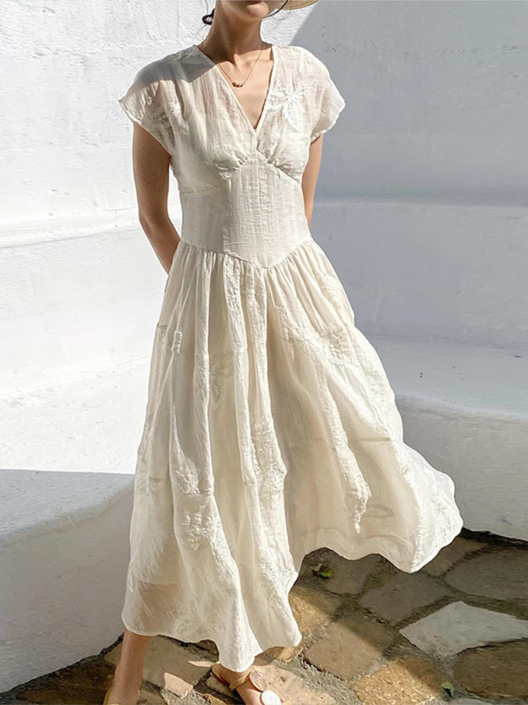 High Waist V-Neck Embroidered Long Dress French Fashion Embroidery Vacation Dress Fairy Style 2024 Summer Mew in Woman Clothing