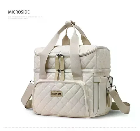 Lunch Bag for Women Men,Double Deck Lunch Box for Women,Quilted Lunch Tote for Work,Insulated Lunch Cooler Leakproof Lunchbox for Adult with Shoulder Strap Pockets for Picnic Hiking