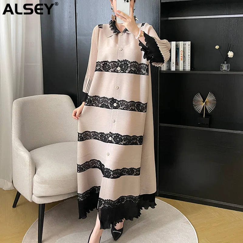 ALSEY Miyake Pleated Lace Patchwork Jacket Trench Spring Autumn New Plus Size Dubai Designer Fringe Fashion Lapel Prom Dresses