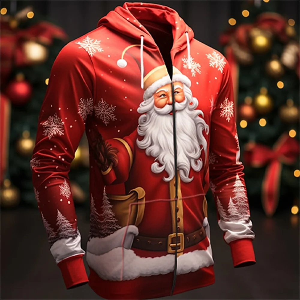 3d Christmas Festival Men\'s Zipper Hoodies Fashion Santa Claus Clothes For Men Clothing Oversized Tops Long Sleeve Sweatshirt