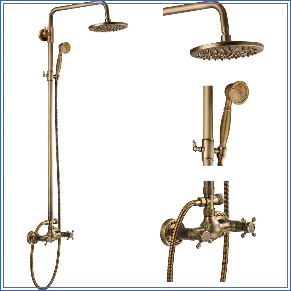 8" Rainfall Shower Head & Handheld Set - Antique Brass, Wall Mount, 2 Functions