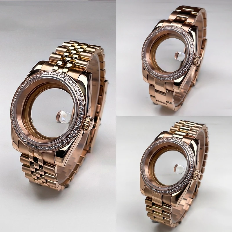 NH35 Case 36mm/39mm DJ Rose Gold Diamond Bezel Sapphire Glass Fit 28.5mm Dial Parts Modify For NH35 NH36 Movement Watch Case