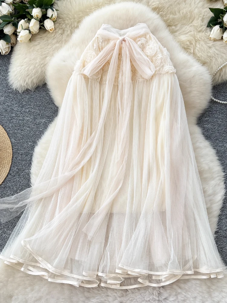 

Korean Elegant Mori Girl Style Long Skirts Women Mesh Strap 3D Flower Elastic Waist Skirts Casual Original Design Clothing New