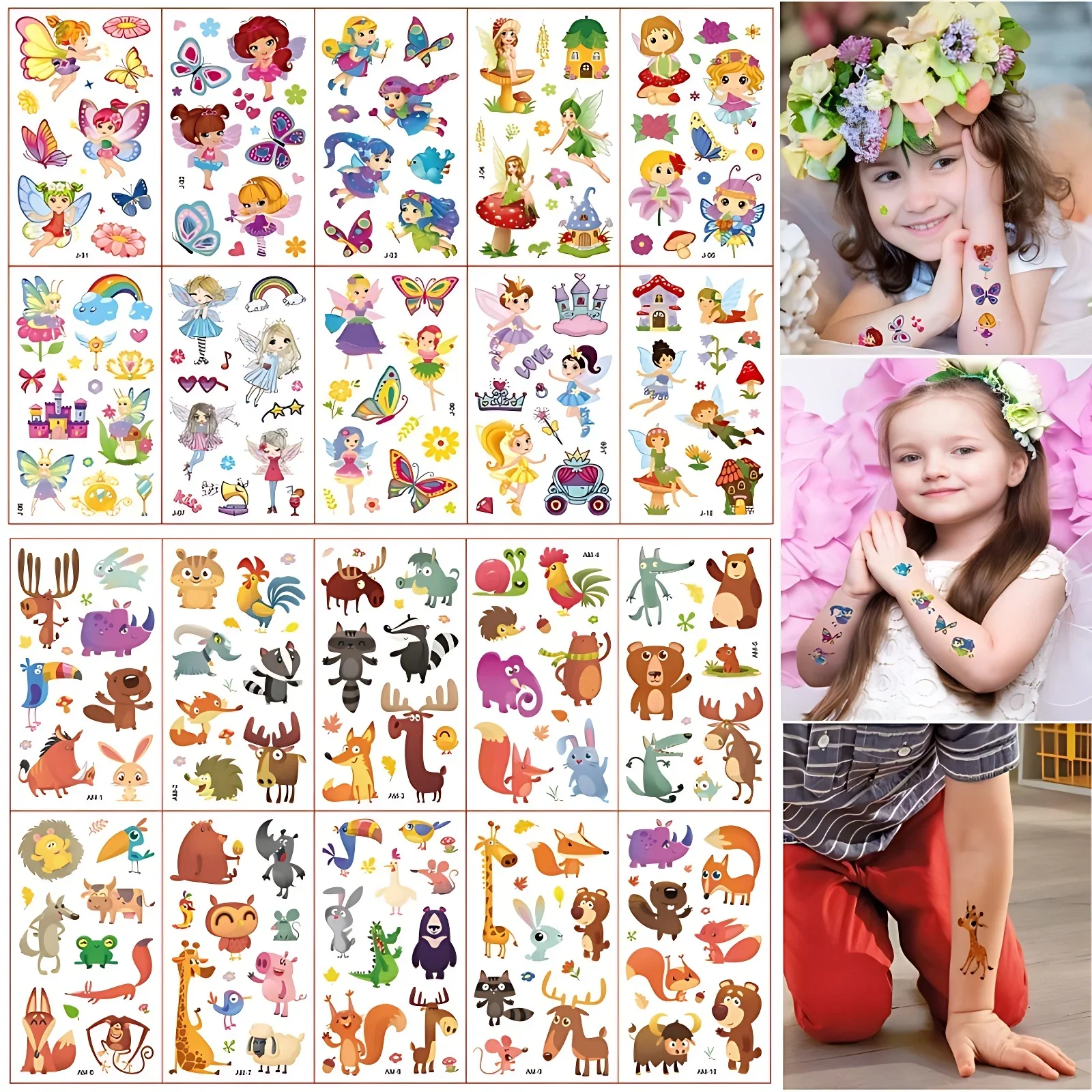 20pcs/set Fake Temporary Tattoos for Kids Butterfly fairy Elf Animal Fox Crocodile Bear Squirrel Tattoos Stickers Hand Wrist Leg