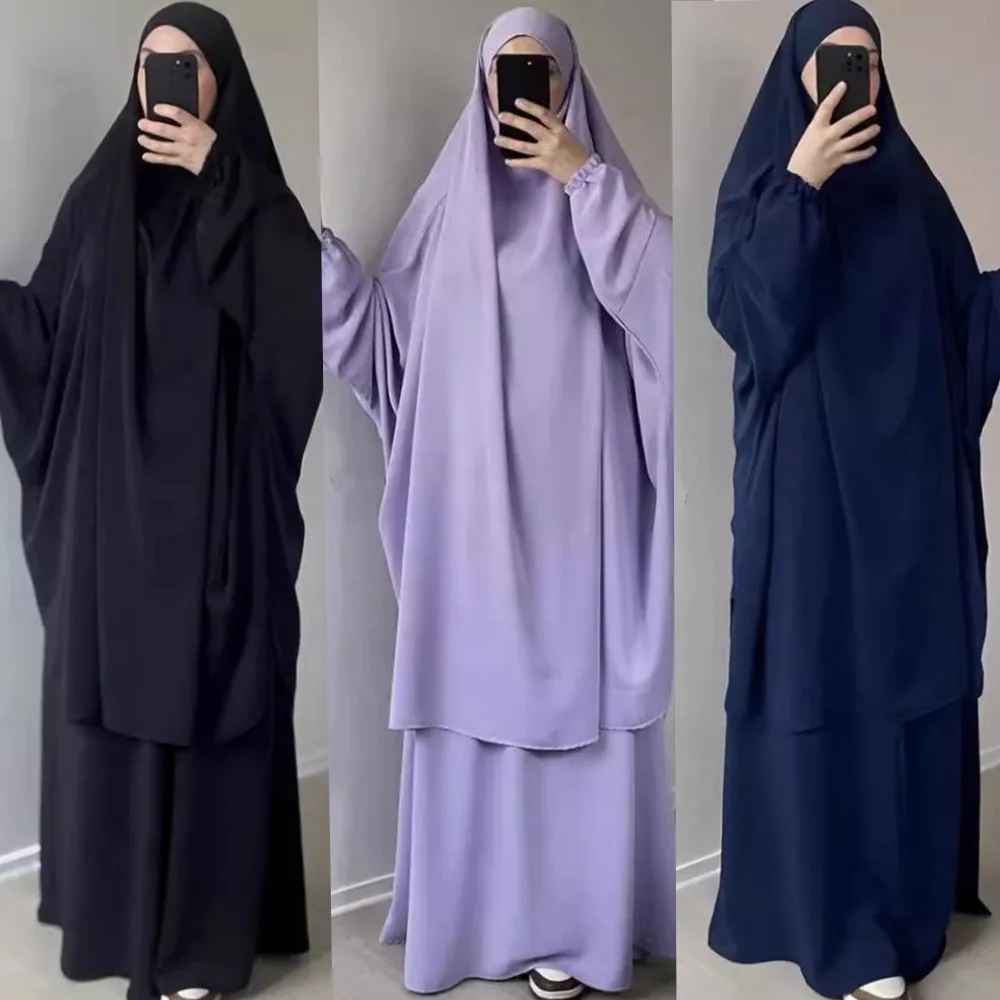 

2PCS Eid Djellaba Khimar Jalabiya Women Muslim Sets Prayer Garment Hooded Dress Abaya Turkey Kaftan Burqa Robe Islam Clothing