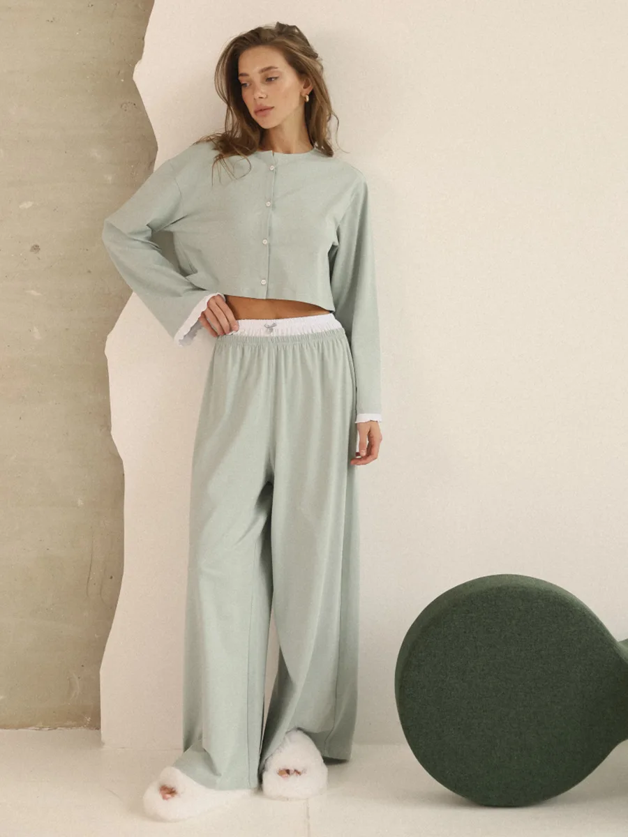 

Blubelle Spring New Two-Piece Long Sleeve Pants Pajama Set Women's Open Front Cardigan Style Fashion Homewear Pajama Set