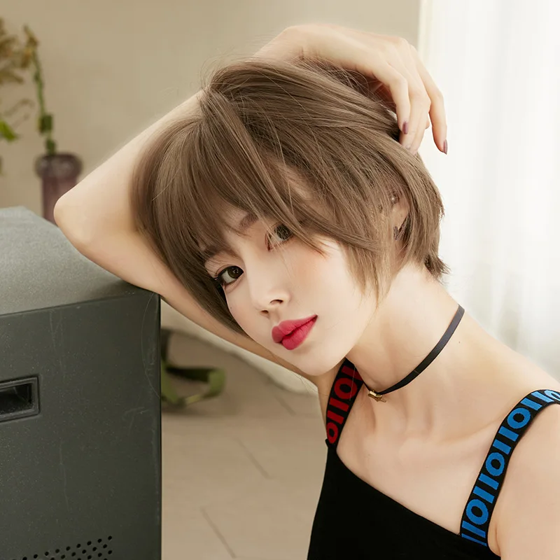 باروكة شعر قصيرة، شعر كتان مموج، شعر مستعار حريري عالي الحرارة، شعر مستعار طبيعي للحفلات التنكرية، مناسب للاستخدام للنساء