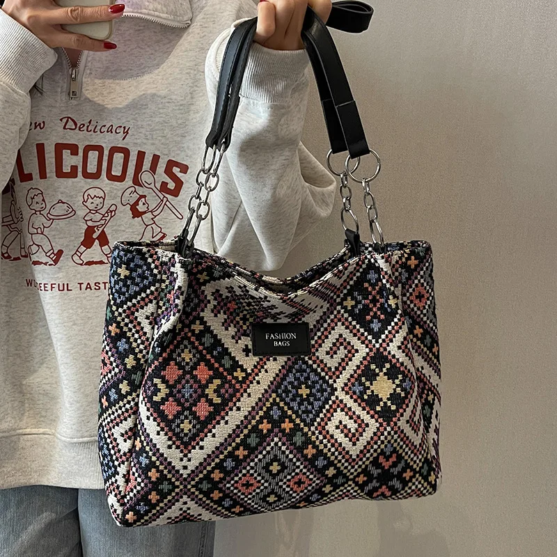 Large Capacity Shoulder Bag Women\'s Handbag Ethnic Large Capacity Canvas Handmade Underarm Clutch Bag Females Shopping Bag Tote