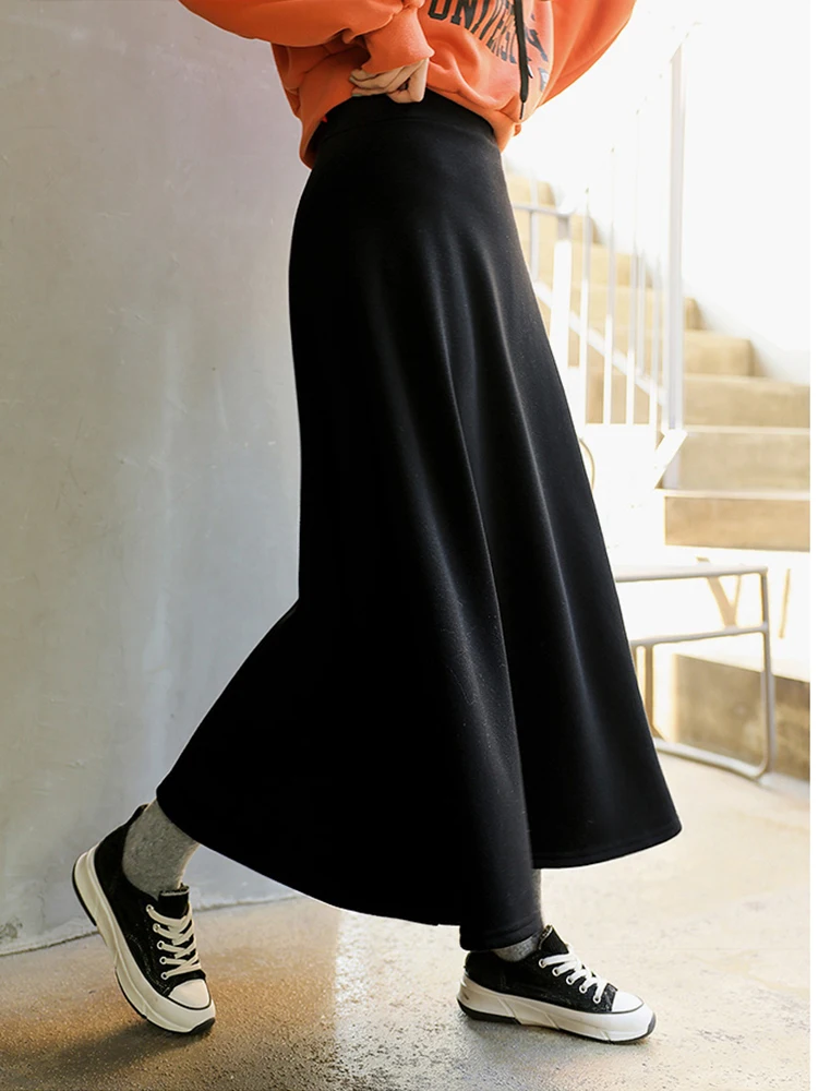 TIYIHAILEY-Women's Long Mid-Calf Thick A-line Skirts Fleece Warm Skirts With Pocket Winter New Custom Made Black Grey  XS-3XL