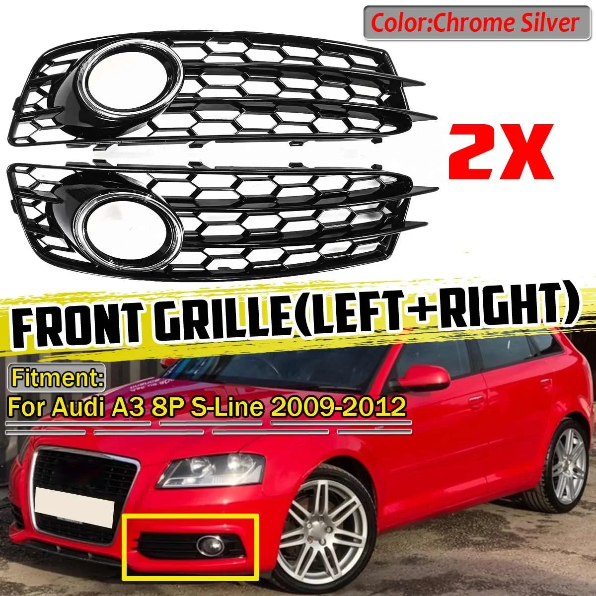 

A3 8P Pair Front Bumper Fog Light Grille Grill For Audi A3 8P S-Line 2009-2012 Front Bumper Fog Lamp Surround Grill Protector