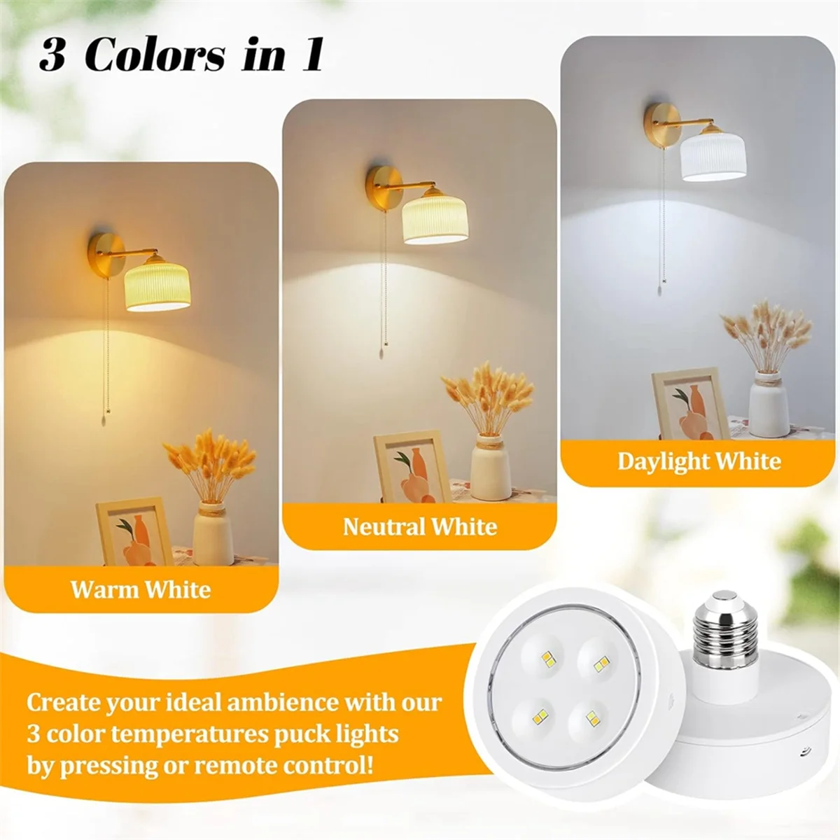 

YHYS Battery Operated Light Bulb for Lamps, Screw in LED Puck Lights with Remote, with E26 Socket for Wall Sconce 2Pack