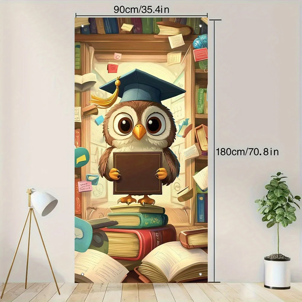 4 Grommets 1pc Graduation Owl Door Banner 90x180cm Polyester Indoor/Outdoor Party Decoration for Home School Party Decorations